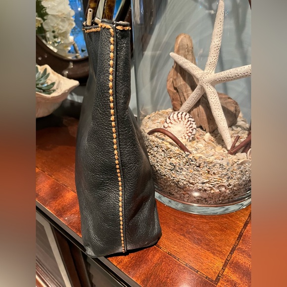 Plinio Italian Black Leather Tote Bag w/Tortoise Shell Handles Y2K - Picture 3 of 10